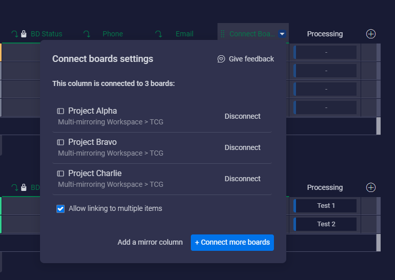 Multi mirroring using connect boards column on monday.com