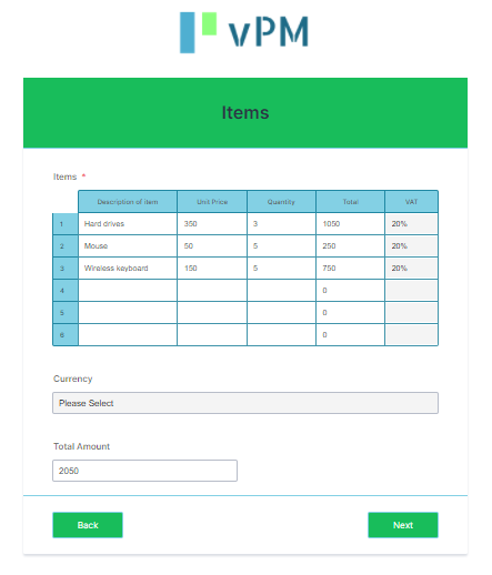 Pre defined table for purchase order management on JotForm