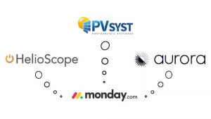 monday.com, helioscope, pvsyst and aurora logos