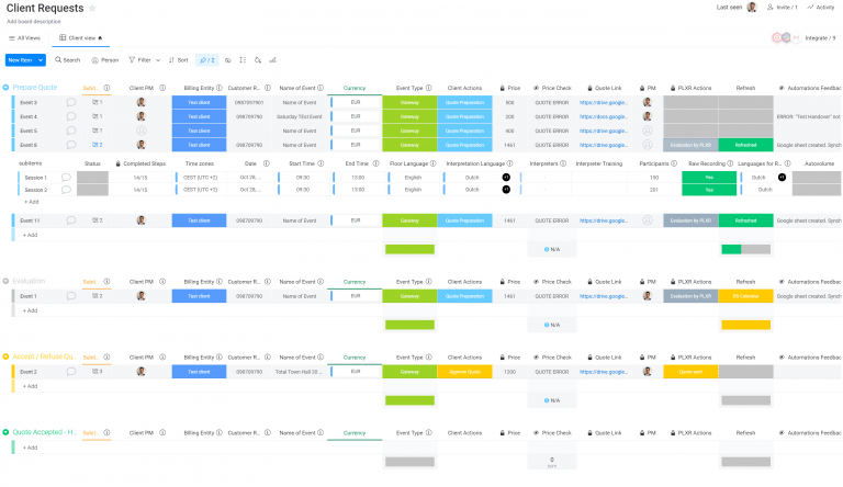 Main board in monday.com to manage client requests - Your Virtual Project Manager