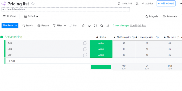 board in monday.com that contains pricing list